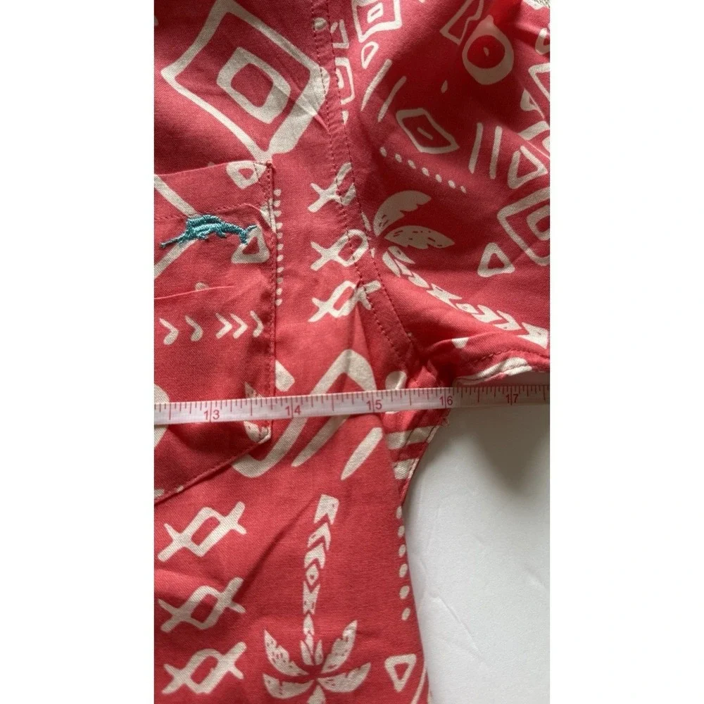 Tommy Bahama Boys Hawaiian Shirt Fuchsia Sz 10/12 Tropical Print Button Up Beach